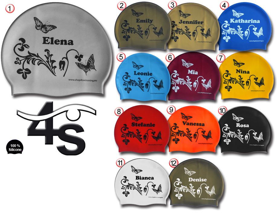 Silicone swimming cap with female first names